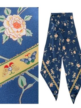 Metropolitan Museum Of Art Vintage Japanese Silk Scarf Blue Floral Butterfly
